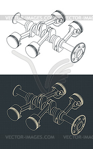 Горизонтально расположенные коленчатый вал и поршни двигателя - иллюстрация в векторном формате