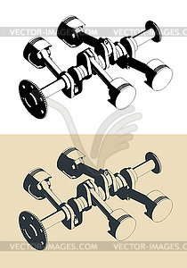 Horizontally opposed engine crankshaft and pistons - vector image