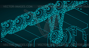 Схема роликового конвейера с цепным приводом - векторная иллюстрация