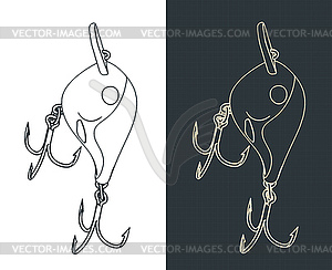 Fishing lure on two hooks blueprints - vector image