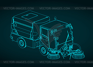 Street sweeper truck isometric blueprint - vector image