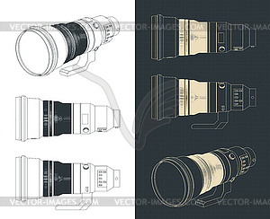 Super-telephoto lens blueprints - vector clip art
