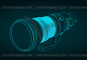 Super-telephoto lens isometric blueprint - vector image