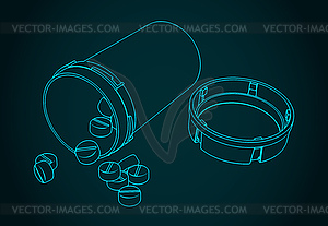 Pill jar with spilled pills - vector image