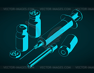 Syringe and medical bottles - vector image