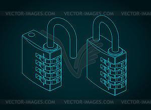 Combination padlock isometric blueprint - vector clipart