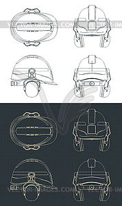 Industrial safety helmet with ear muffs blueprints - vector image