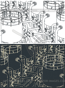 Chemical production tanks blueprints - vector clipart