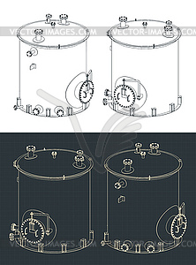 Large industrial tank isometric blueprints - vector image