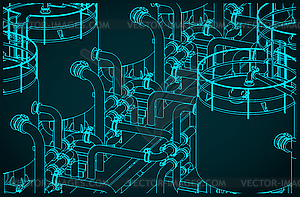 Tanks in chemical production blueprint - vector image