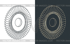 Engine compressor blisk isometric blueprints - vector image