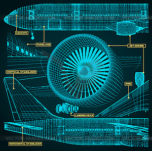 Фрагменты чертежей гражданских самолетов - рисунок в векторе