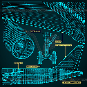 Fragments of blueprints of civil aircraft - vector clip art