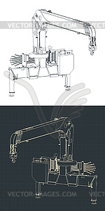 Чертежи передвижного автокрана, установленного на грузовике - векторная иллюстрация
