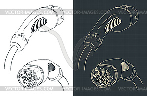 EV charger type 2 plug blueprints - vector clip art