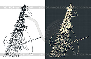 Telecommunications tower technical drawings - vector image