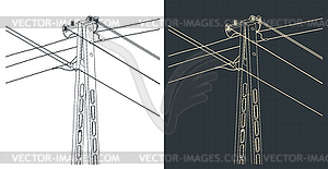 Технические чертежи опор линий электропередачи - векторное изображение EPS