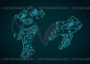 Bicycle rear derailleur isometric technical drawings - vector clip art