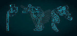 Bicycle rear derailleur technical drawings - vector clipart / vector image