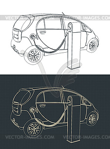 Технические чертежи электромобиля и зарядной станции - векторное изображение клипарта