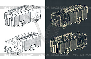 Fire truck isometric technical drawings - vector image