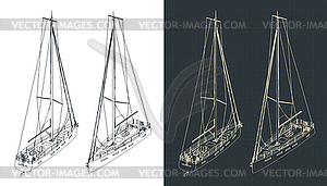 Sailing yacht isometric technical drawings - vector clipart