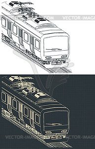 City train isometric blueprints - vector clipart