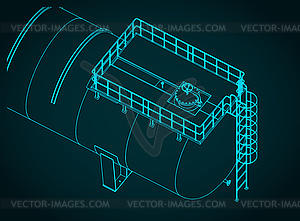 Large horizontal storage tank isometric blueprint - vector clipart