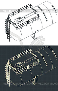 Large horizontal storage tank isometric blueprints - vector EPS clipart