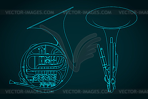 French horn blueprints - vector clipart