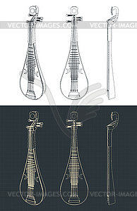 Pipa string instrument blueprints - vector image
