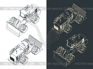 Landfill compactor isometric blueprints - vector image