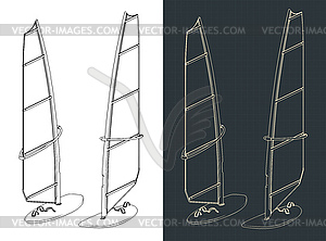 Windsurfing board isometric blueprints - vector image