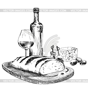 Wine, bread and blue cheese - vector image