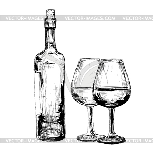 Bottle of wine and two glasses - vector image