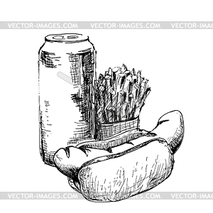 Горячая собака, булочка и картофель фри - векторная иллюстрация