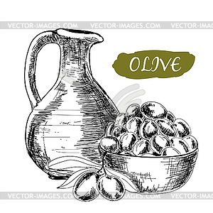 Jug and olives - color vector clipart