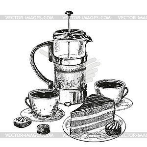 Teapot, cup and chocolate cake - vector clip art