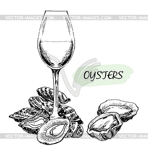 Oysters and wine glass - vector image