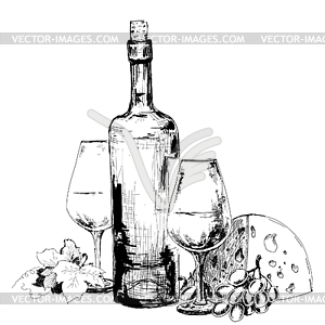 Вино с сыром и виноградом - векторное изображение клипарта