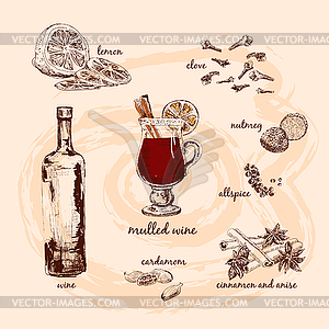 Mulled wine and its components - vector clipart