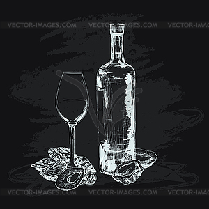 Устрица, вино и стекла - векторизованное изображение клипарта