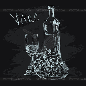 Bottle of wine, glass, grapes and snacks - vector clip art