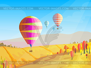 Autumn landscape with flying balloons in sky - vector clipart