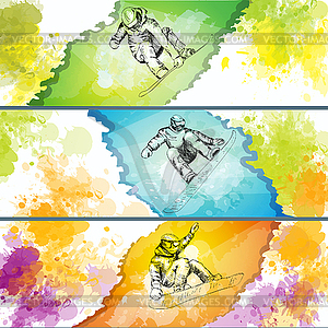 Snowparty banners with snowboarders - vector image