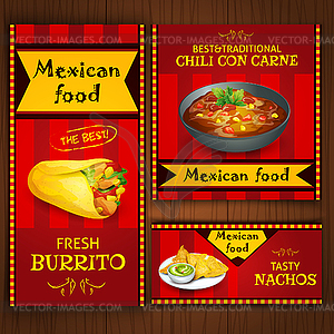 Mexican traditional food on flat banners - color vector clipart