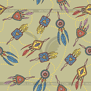 Seamless pattern with dreamcatcher, feathers and - vector clipart