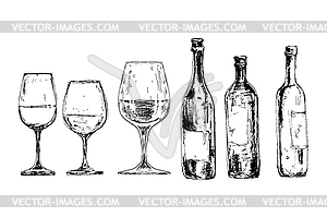 Set of wine bottles and glasses - vector image