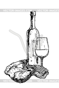 Bottle of wine, oysters and glass - vector clipart