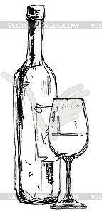 Bottle of wine with glassin engraving style - vector clipart